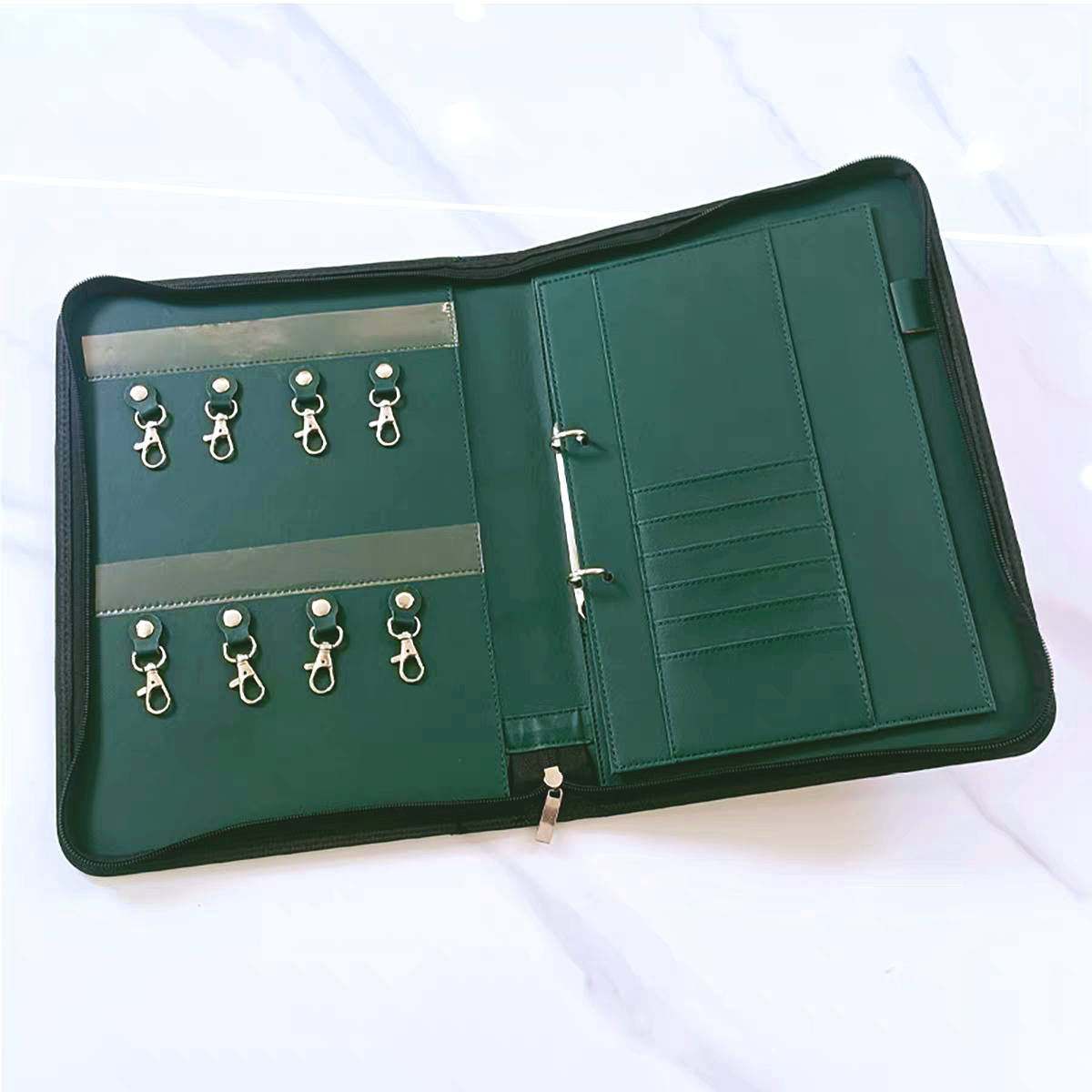 A4拉链文件夹多功能办公包金属扣环装饰绿色文件夹交房包钥匙包