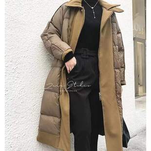 2024秋冬风衣款羽绒服拼接中长款过膝小翻领A版加厚保暖外套韩版