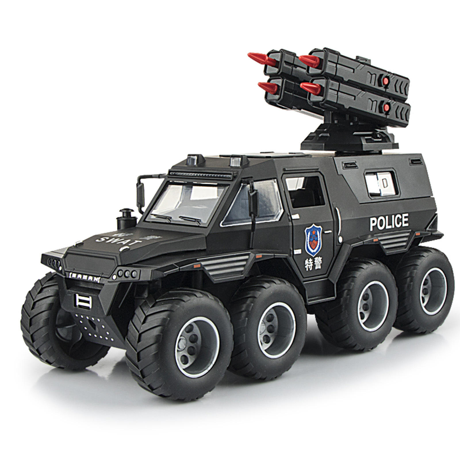 盒装建元1:24征服者警车仿真合金越野车模型可发射导弹声光玩具车