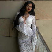 亚马逊wish夏季 透视拼接连衣裙 时尚 新款 热销性感深V领喇叭袖 长裙