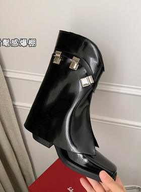 新款2022冬季外贸插锁黑色方头方跟低跟一脚蹬裤管靴长靴短靴女靴