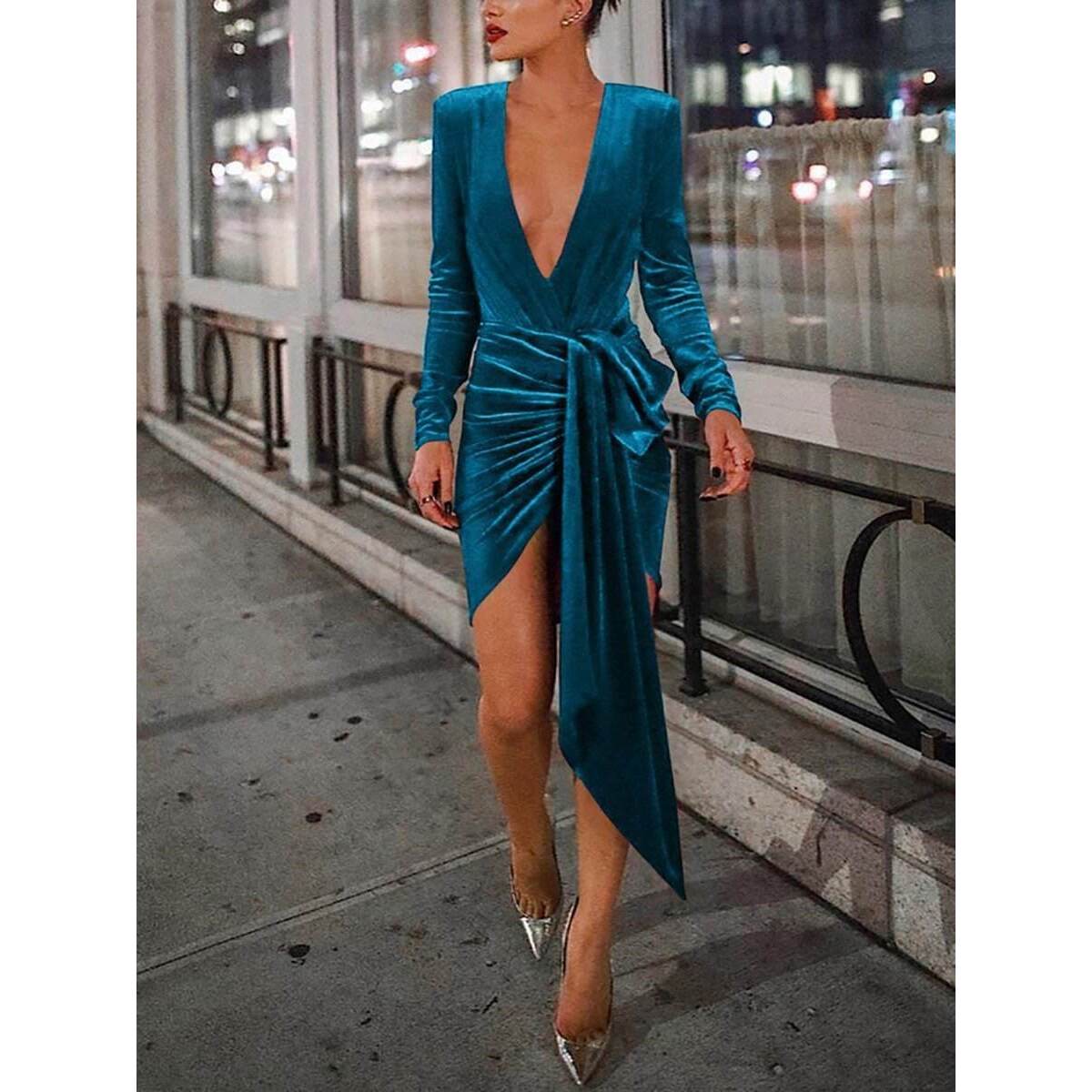 2021季新品eBay亚马逊欧美长袖V领系带性感连衣裙广州通勤风