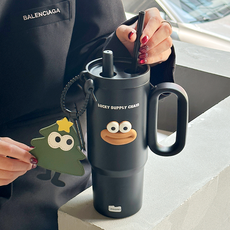 茶迷潮酷风316不锈钢带把吸管杯