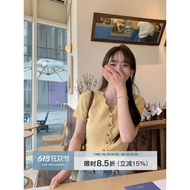 切糕自制小个子t恤夏季针织上衣短款女新款设计感气质黄色短袖