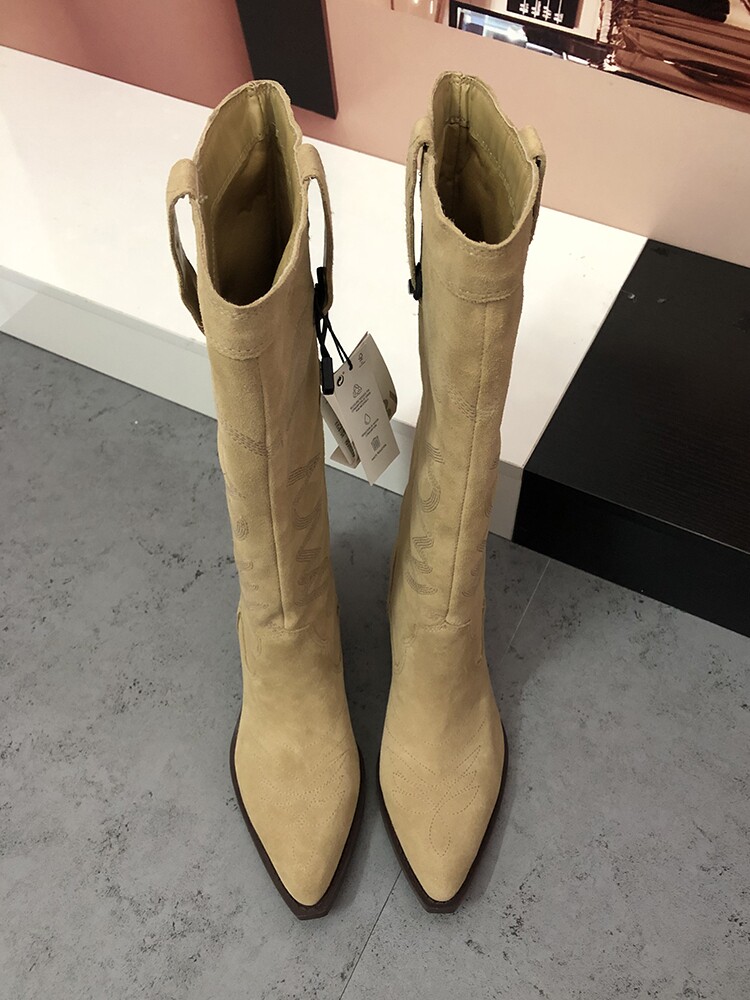 ZARA R 두꺼운 뒤꿈치 높은 카우보이 부츠 여성의 새로운 지적 발가락 낙타 부츠 누벅 가죽 하이힐 섹시한 웨스턴 부츠