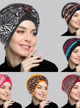 Turban 时尚花纹女款头巾帽纽扣额头发带女士套头帽子百搭日常