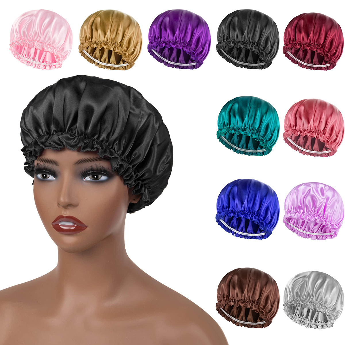 women cap 层色丁睡帽 美容护发纯色松紧圆顶浴帽 bonnet