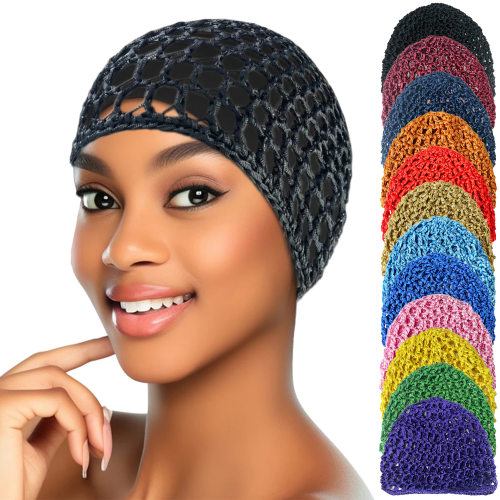 cap women 手工编织睡帽假发网兜纯色时尚针织毛线帽镂空帽