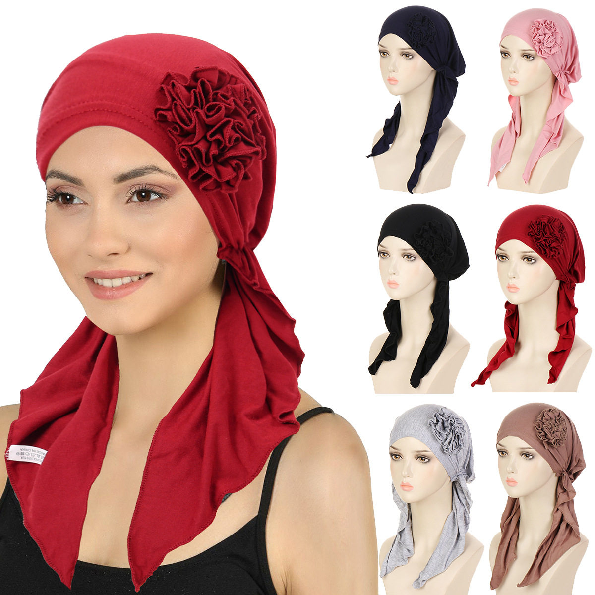 women cap 莫代尔棉弹力头巾帽 女士盘花弧形包头帽 纯色套头帽