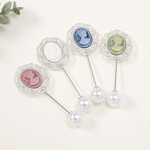 头巾固定防走光丝巾扣女 椭圆形花盘美人头一字别针 scarf pin