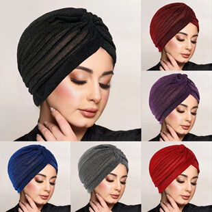 Turban cap 亮丝纯色简便包头帽 女士出行百搭印度帽 women