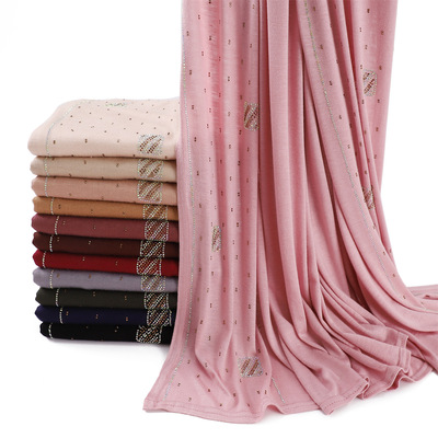 scarf 弹性透气纯色丝光棉方块烫钻中东钻长巾女汗布包头围巾