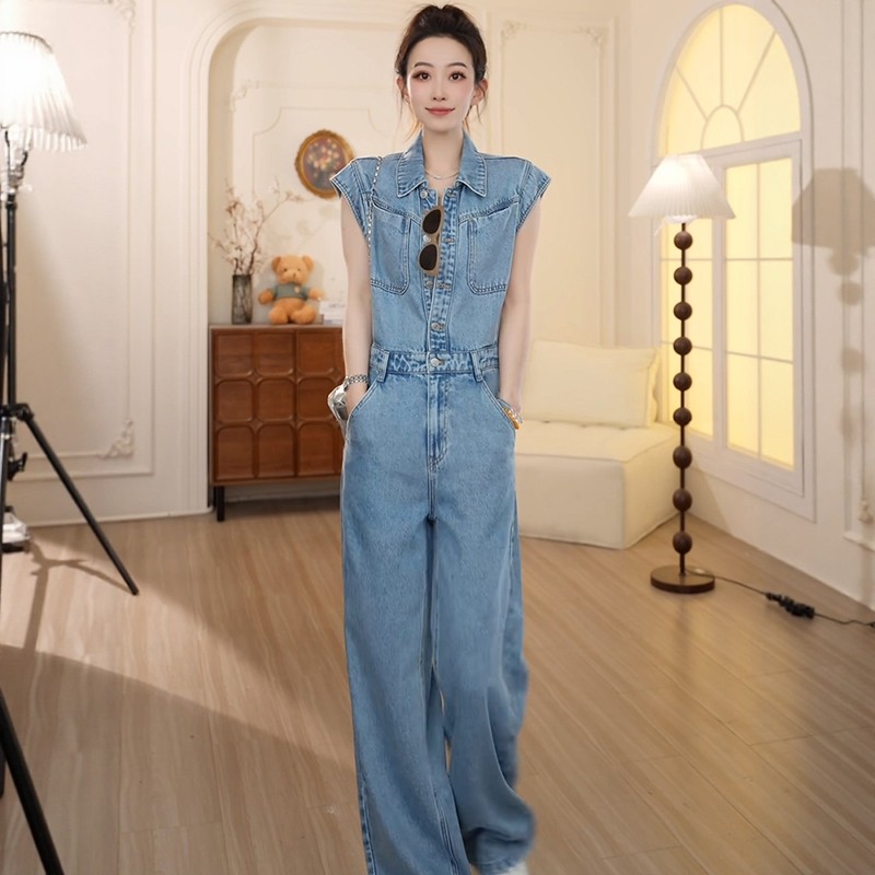 美式复古时尚工装无袖牛仔连体裤女2025年秋季新款显瘦高腰裤子潮