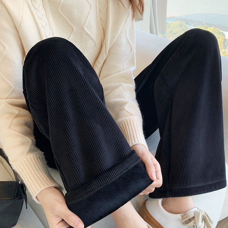 加绒阔腿裤女秋冬黑色宽松显瘦直筒裤高腰垂感冬季休闲灯芯绒裤子