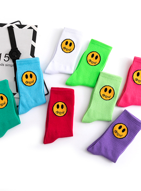 Drew笑脸袜比伯同款ins中筒袜子女紫色运动百搭街头嘻哈男长袜子