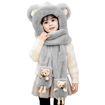 一体围脖手套三件小熊儿童帽子