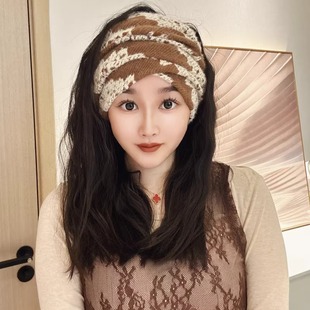 秋冬针织发带帽欧美范保暖头巾女遮盖白发头饰弹力发箍围巾围脖