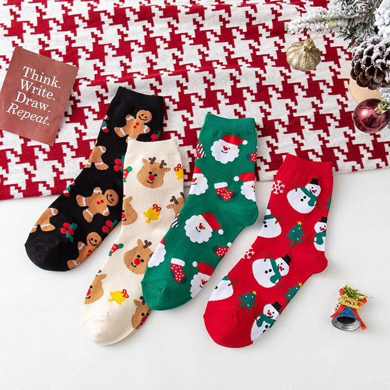 4pcs christmas socks in tube ins socks cute 圣诞节袜子中筒袜