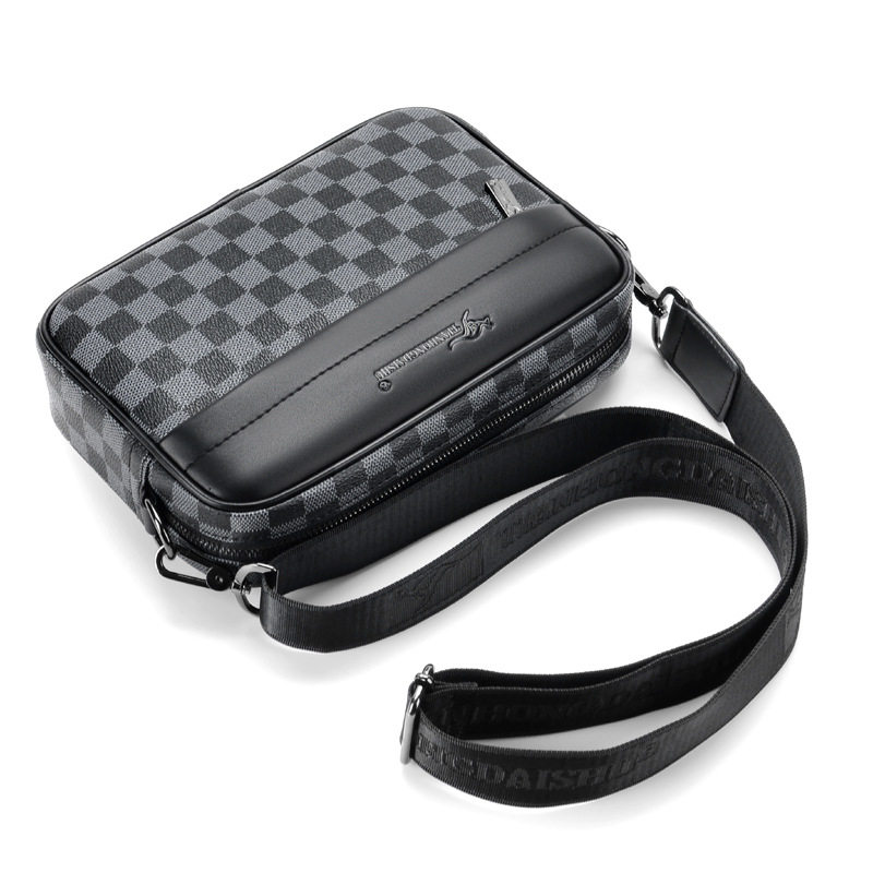 *帅桐袋鼠男士单肩包新款时尚休闲皮质商务斜挎包横款百搭格子包