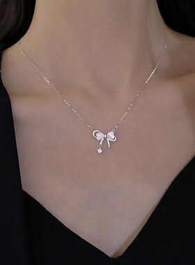 S999纯银猫眼石蝴蝶结项链女