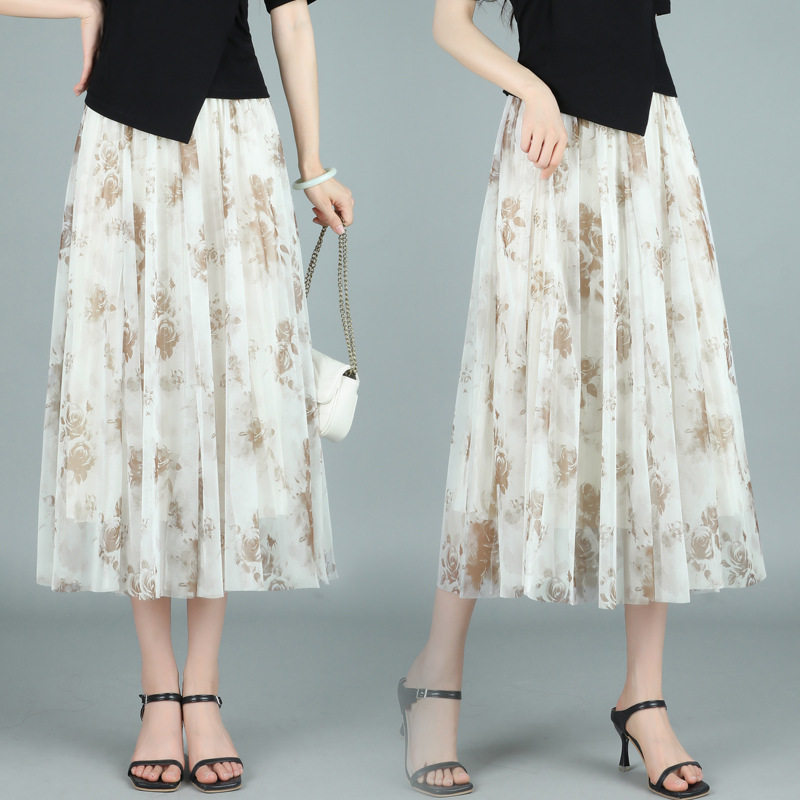 印花半身裙女2026夏季薄款a字长款百褶网纱气质伞裙新中式裙子