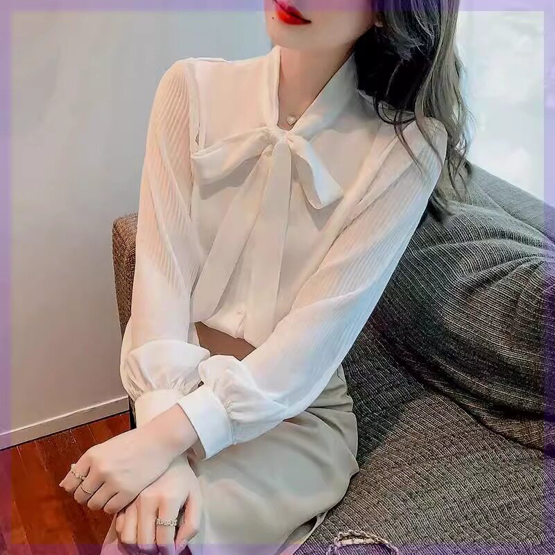 春夏白色洋气长袖雪纺袖衬衫飘带蝴蝶结设计感小众职业气质上衣女