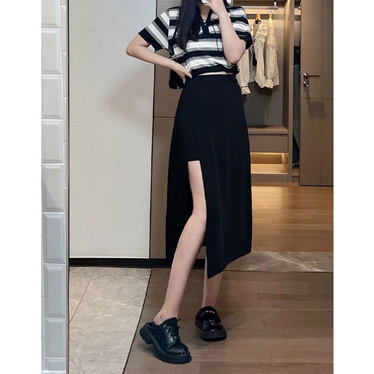 半身裙女大码不规则春秋夏季新款显瘦开叉设计感高腰a字中长款裙