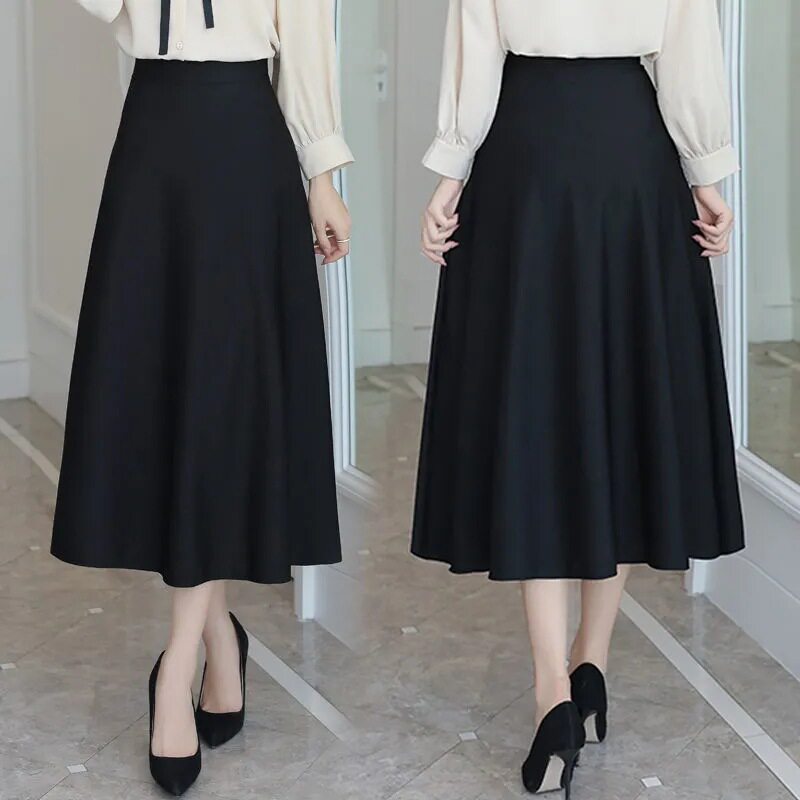 春夏长裙半身裙女高腰显瘦弹力松紧腰中长款裙A字蓬蓬裙百褶裙子