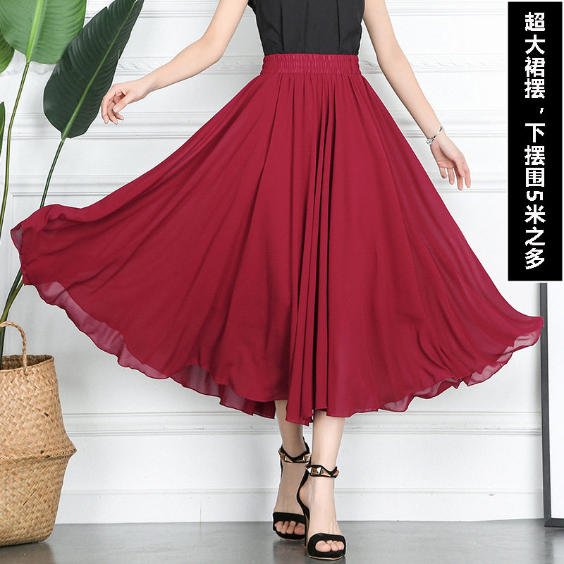 雪纺半身裙女夏2026大摆裙胖mm高腰裙中长款演出舞蹈红色长裙春秋