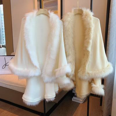 秋冬气质大码宽松双层针织开衫女式仿狐狸毛皮草披肩斗篷