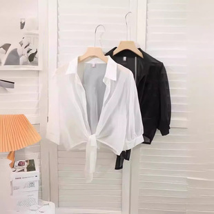 2026年夏季白色七分袖薄款雪纺防晒衣开衫女外搭衬衫上衣外套衬衣