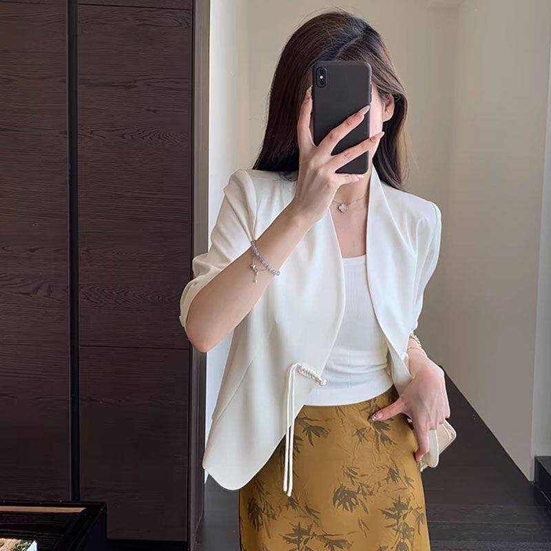 短款新中式披肩女短袖无领西装外套薄款夏季配吊带连衣裙外搭开衫