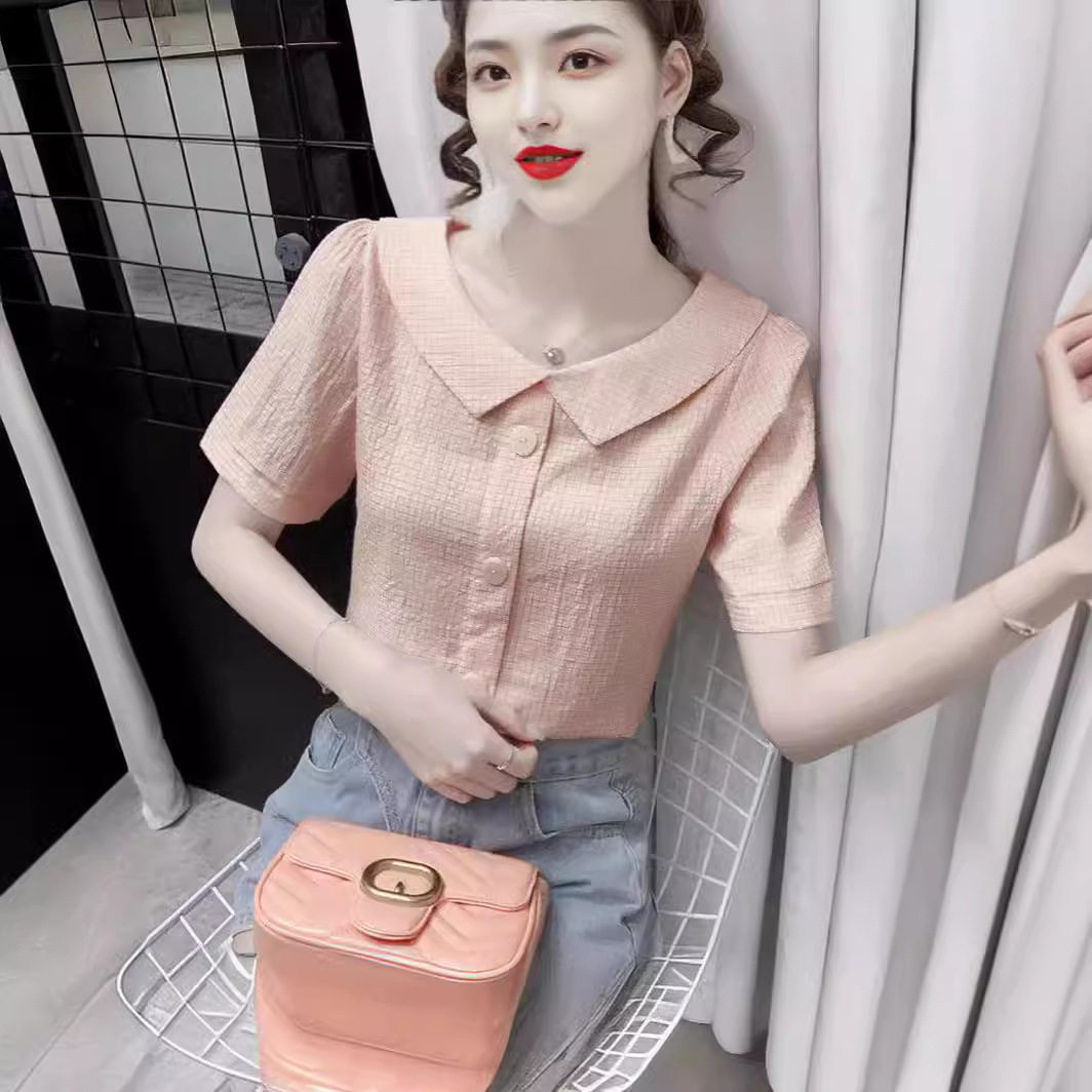 格子衬衫女短袖夏装2025新款韩版甜美显瘦套头娃娃领洋气百搭上衣