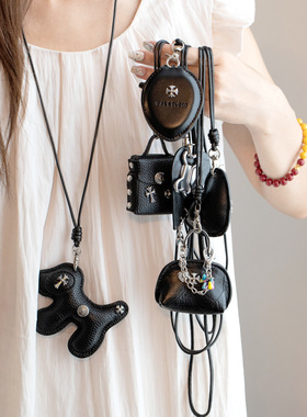 韩系时尚挂脖配饰黑色皮质磁吸十字架铆钉吊坠蜡绳项链甜毛衣链女