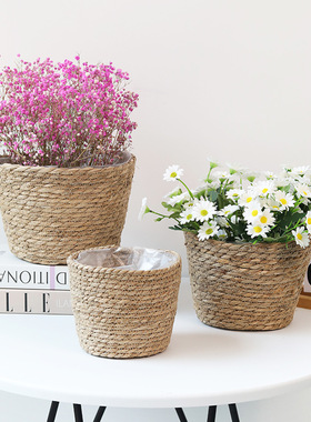北欧草编花盆花器花艺鲜花插花编织竹编花篮家居客厅桌面收纳摆件