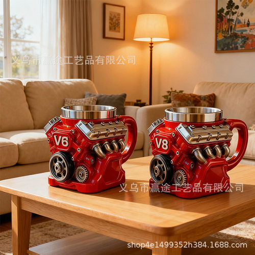 跨境新品V8发动机杯子V6引擎咖啡杯马克杯摆件高级感小众工艺品