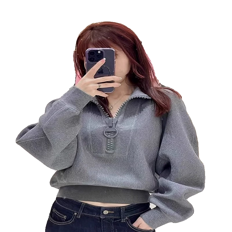 秋冬季加绒加厚短款灰色卫衣女高级感立领半拉链小众oversize外套