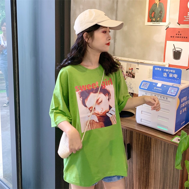 19.90元包邮大码欧货大版t恤女下体失踪洋气韩版宽松牛油果绿中长款纯棉短袖