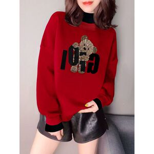 红色半高领小熊印花拼接洋气加绒加厚假两件卫衣女2022年秋冬新款