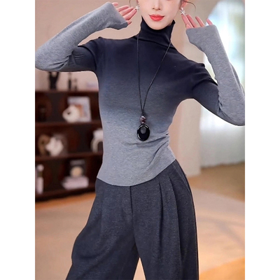 高级感灰渐变高领T恤上衣女秋冬季新款小众设计感修身内搭打底衫