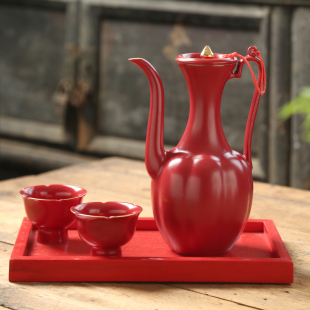 中国红仿古宫廷结婚中式 陶瓷酒具敬酒杯 婚礼交杯分酒器喜庆套装