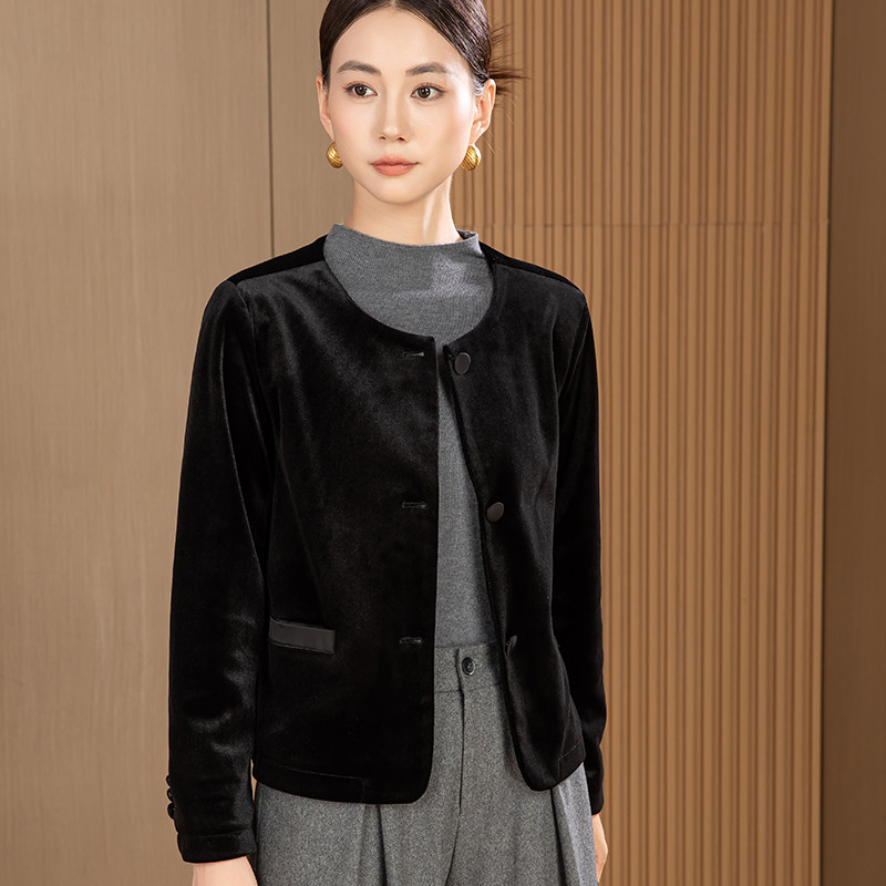 【墨蒂】春秋丝绒显瘦洋气时尚常规圆领常规袖长袖短外套女装立领
