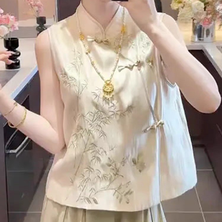 【竹节】新中式夏季薄款重工刺绣复古盘扣洋气时尚马甲上衣女显瘦