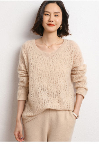 95%山羊绒秋冬新款女装宽松圆领短款小众设计镂空打底针织衫毛衣