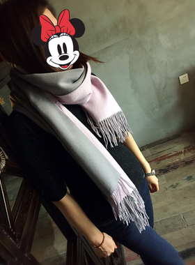 纯羊羔毛出口加厚加大长流苏灰色粉色双面效果男女保暖大围巾披肩