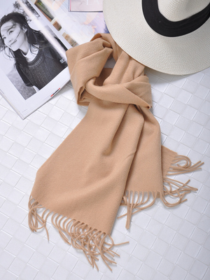 纯羊绒驼色窄版长流苏商务风围巾