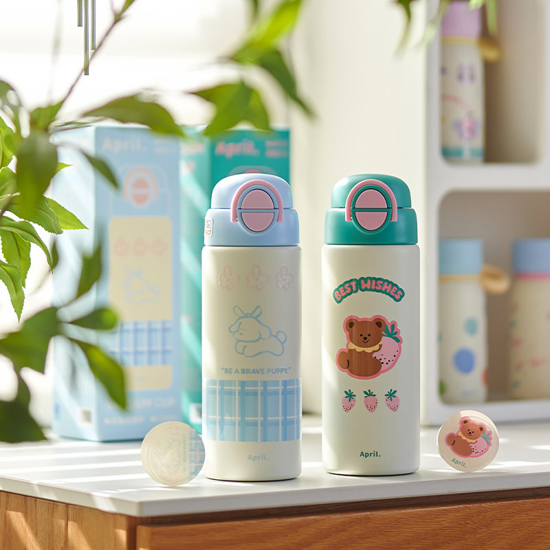 肆月保温杯女生2025年新款高颜值直饮吸管水杯子学生上学外出便携