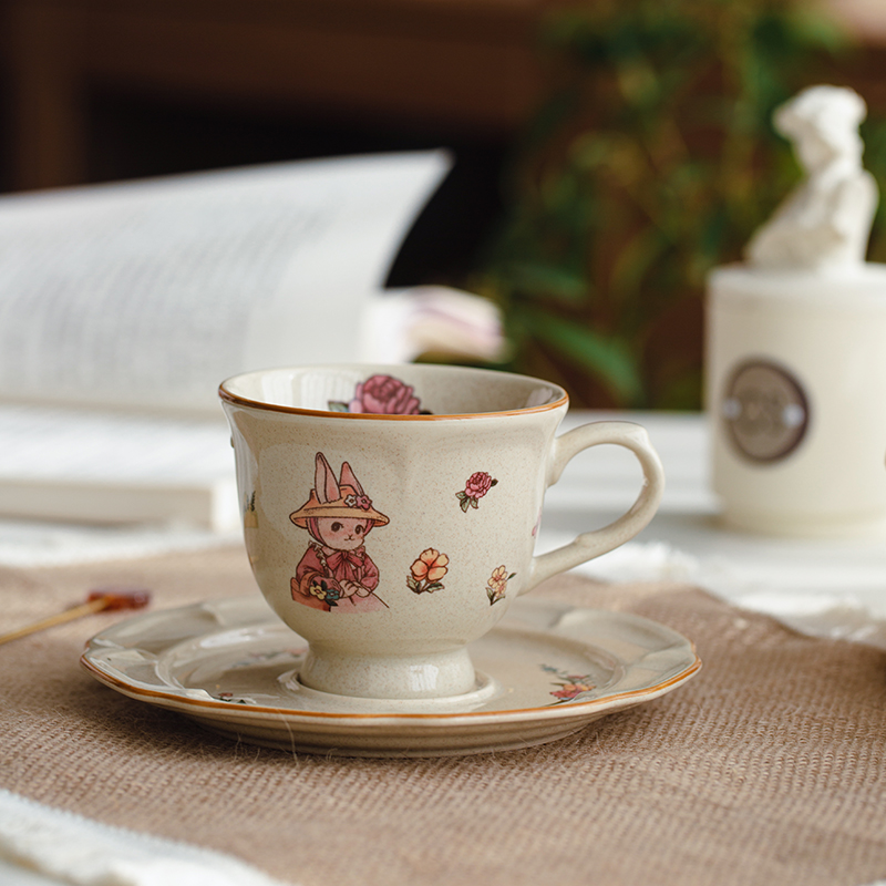 肆月复古兔子咖啡杯碟一套釉中彩