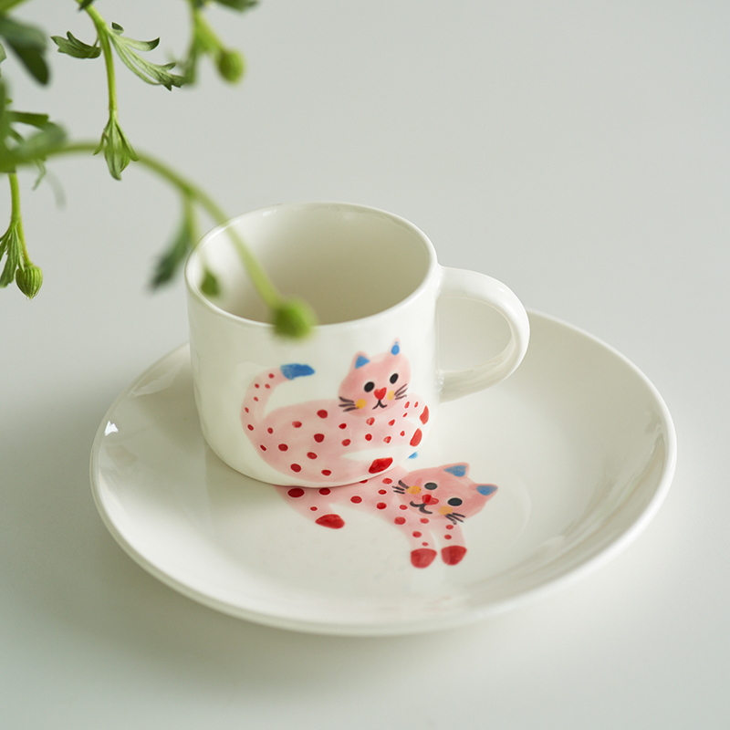 肆月陶瓷粉色波点小猫手绘马克杯