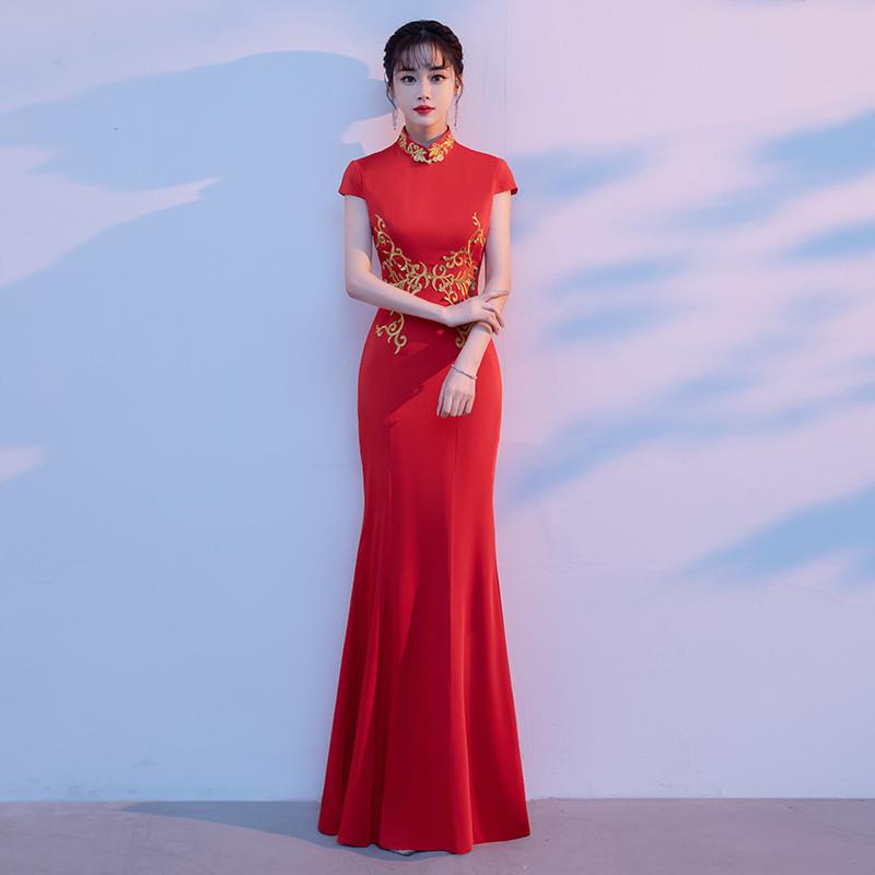 工厂价大合唱团旗袍演出服长裙女红色成人指挥朗诵晚礼服鱼尾中国